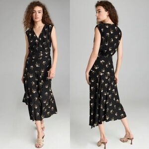 Veronica Beard Wixson Floral V-Neck Silk Blend Midi Dress Size 0 Black Multi